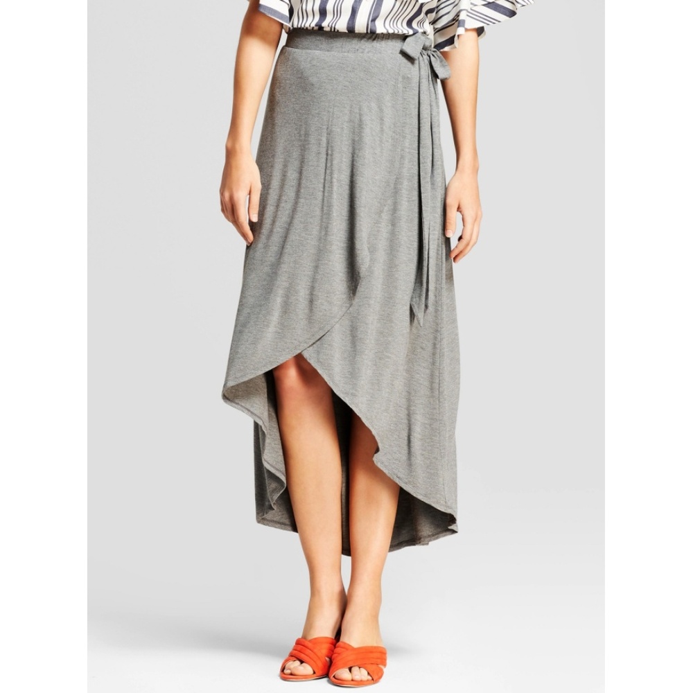 A New Day Midi Wrap Skirt Heather Gray Slit Dark Tie High-Waist Heathered Grey